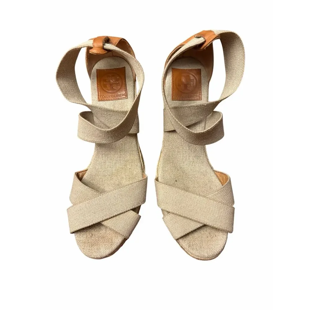 Tory Burch Adonis Beige Canvas Espadrille Wedge Sandals Sz 8.5